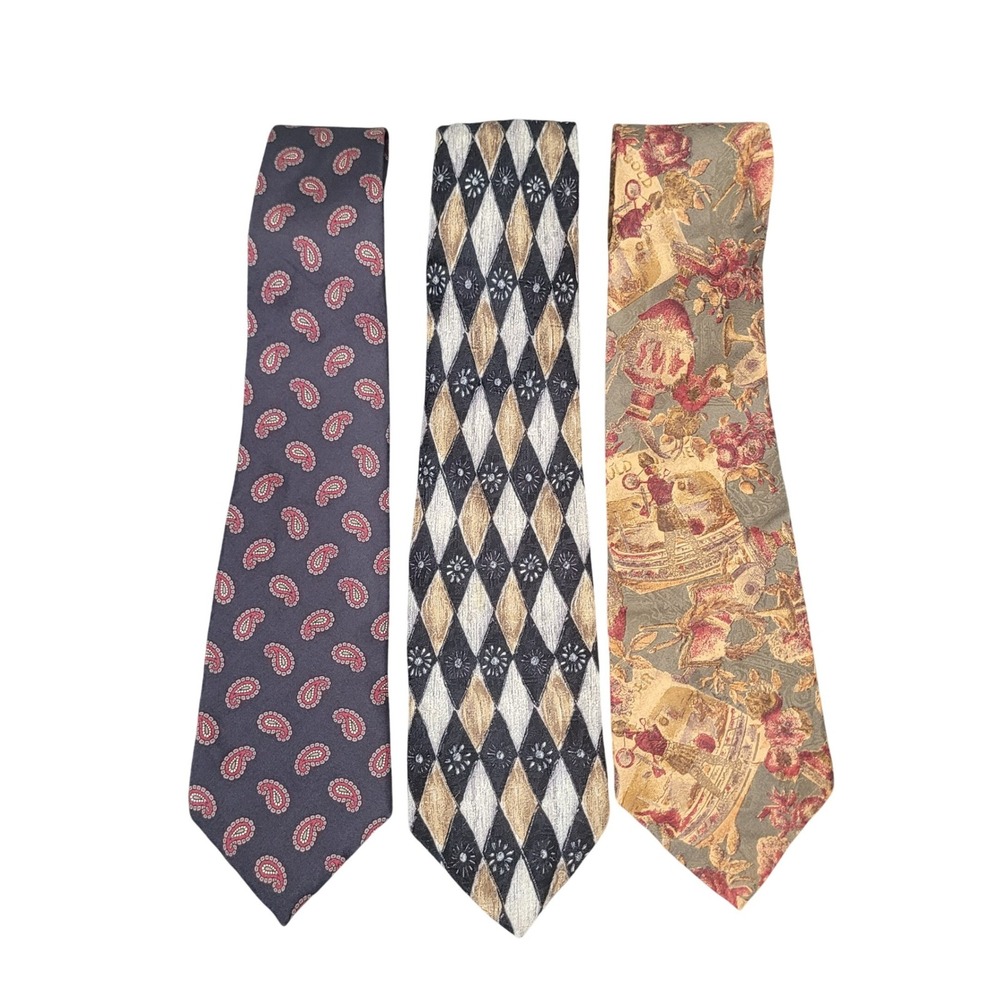Villa Bugatti OS Necktie Lot 3 Mens Silk Floral Medallion Wine Tan Black Vintage